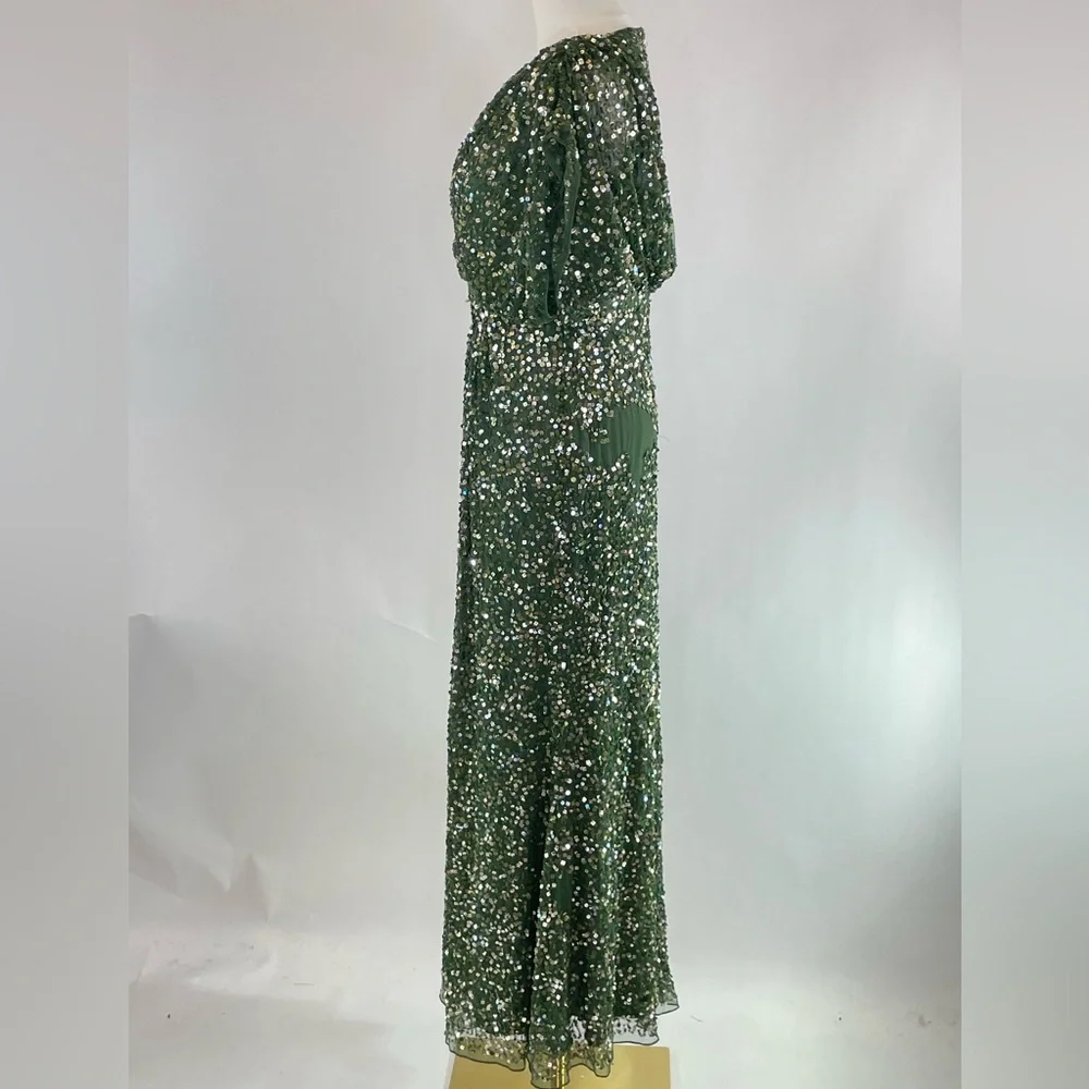 Ieena for Mac Duggal Draped Sleeve Emerald Sequin Gown, 4 - Picture 4 of 10
